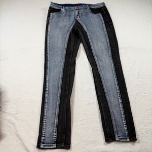 JEANS Two Tone Paneled Slim Jeans Mens 38 Blue Black Good Colorblock Red Button